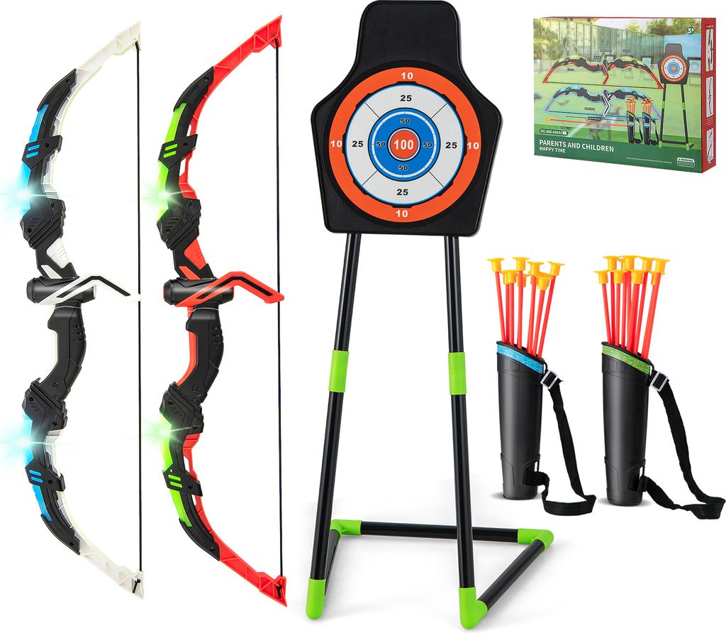 GOPLUS 2er-Pack Bogen- und Pfeilset für Kinder, Bogenspielzeugset mit LED Leuchten, 20 Saugpfeilen, 2 Köchern, abnehmbarem Standziel, Indoor- & O...