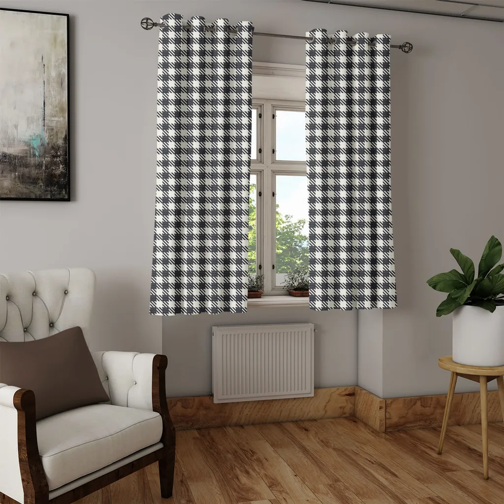 ABAKUHAUS Tenda a occhielli a quadri, strisce diagonali e quadrati monocromatici, motivo geometrico sfuggente, revival delle piastrelle, tende decorative a 2 pannelli, 280 cm x 225 cm, bianco, grigio antracite - 3