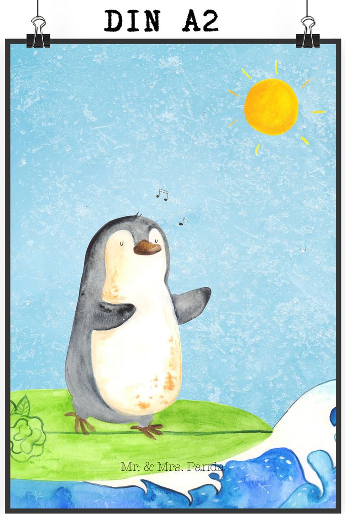 Mr. & Mrs. Panda Bild Pinguin Surfer DIN A2 - Eisblau - Geschenk, Plakat, drucke, Optimistisch, Motiviert, Wandbild, wanddeko, Portugal, Urlaub, Ku...