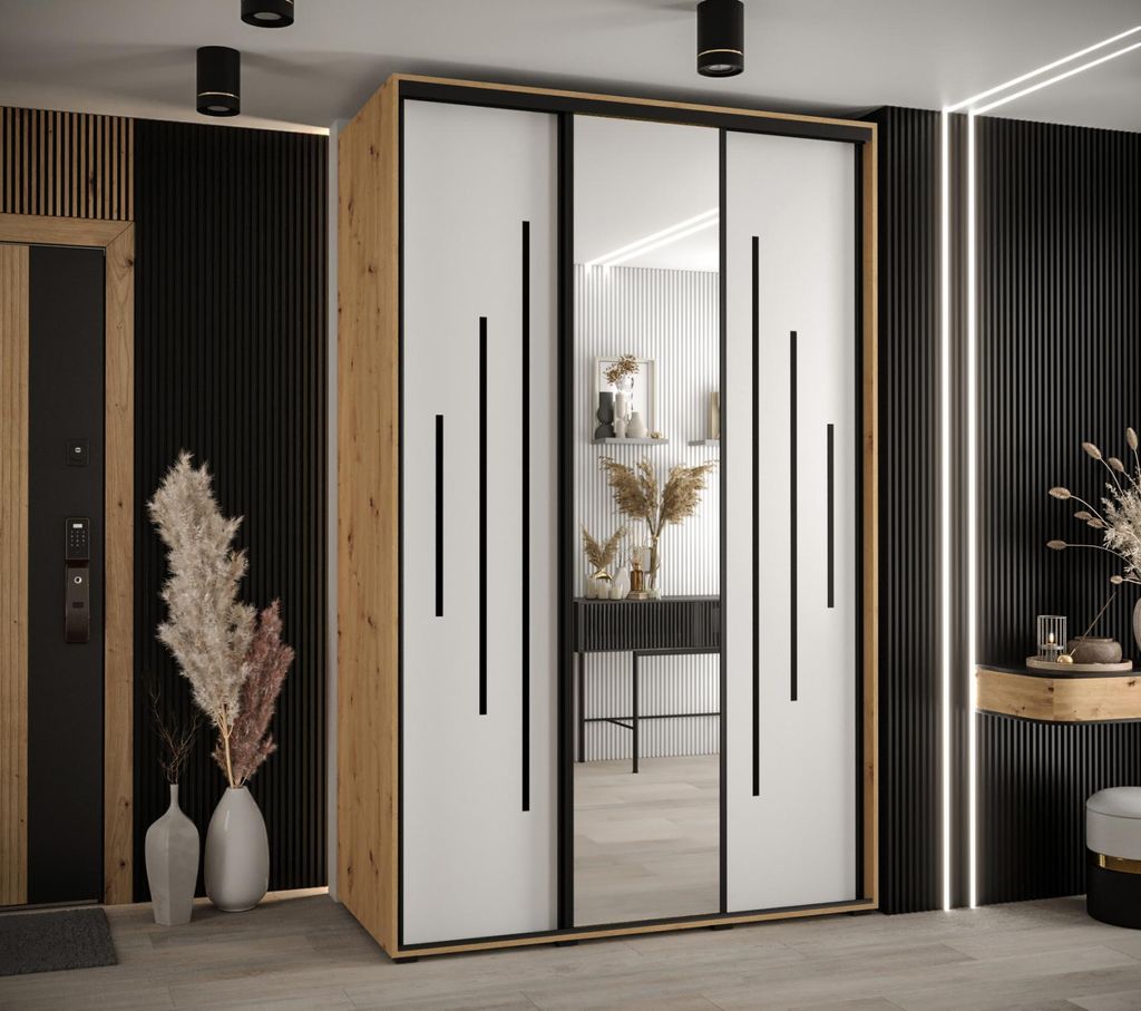 Kleiderschrank YVONA 13 - 160/60 cm, Eiche handwerklich / weiß / schwarz