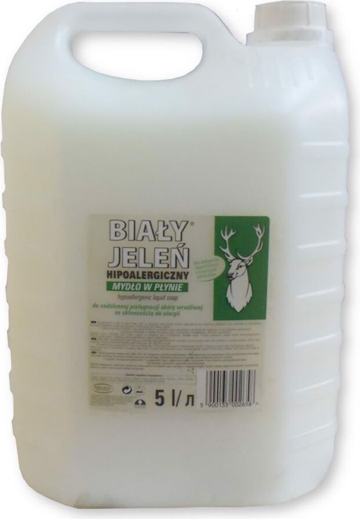 A large white plastic container of liquid soap with a label featuring a deer logo.