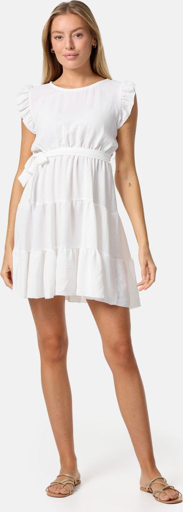 PM SELECTED Feminines Damen Mini Rüschenkleid mit Gürtel, Rundhalsausschnitt und Flügelärmeln PM27 Weiß Einheitsgröße Gr. 34 - 38
