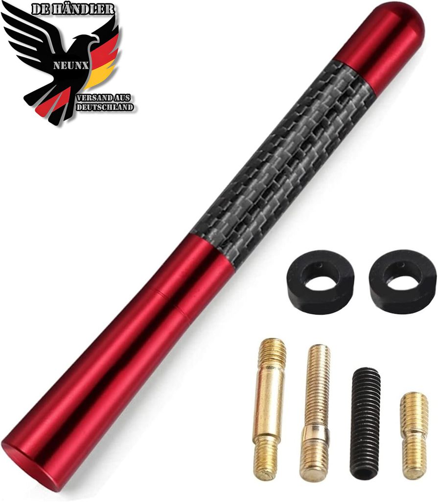 12cm Autoantenne Carbon Kurz Stab Stabantenne Dachantenne Universal Antenne Auto KFZ Dach 16V AM FM DAB Radio mit 3 Adapter M4 M5 M6 Gewinde, Rot