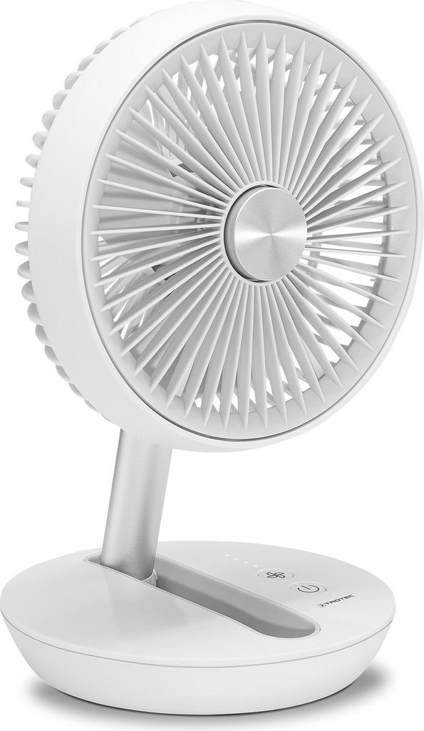 A white electric desk fan is shown from a slightly elevated side angle.