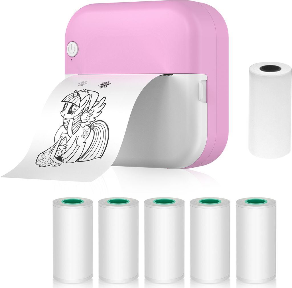 Mini-Drucker, Thermodrucker, Bluetooth Fotodrucker fuer Smartphone mit 1 Papierrolle 57 mm + 5 selbstklebende Papierrollen,kompatibel mit iOS Andro...