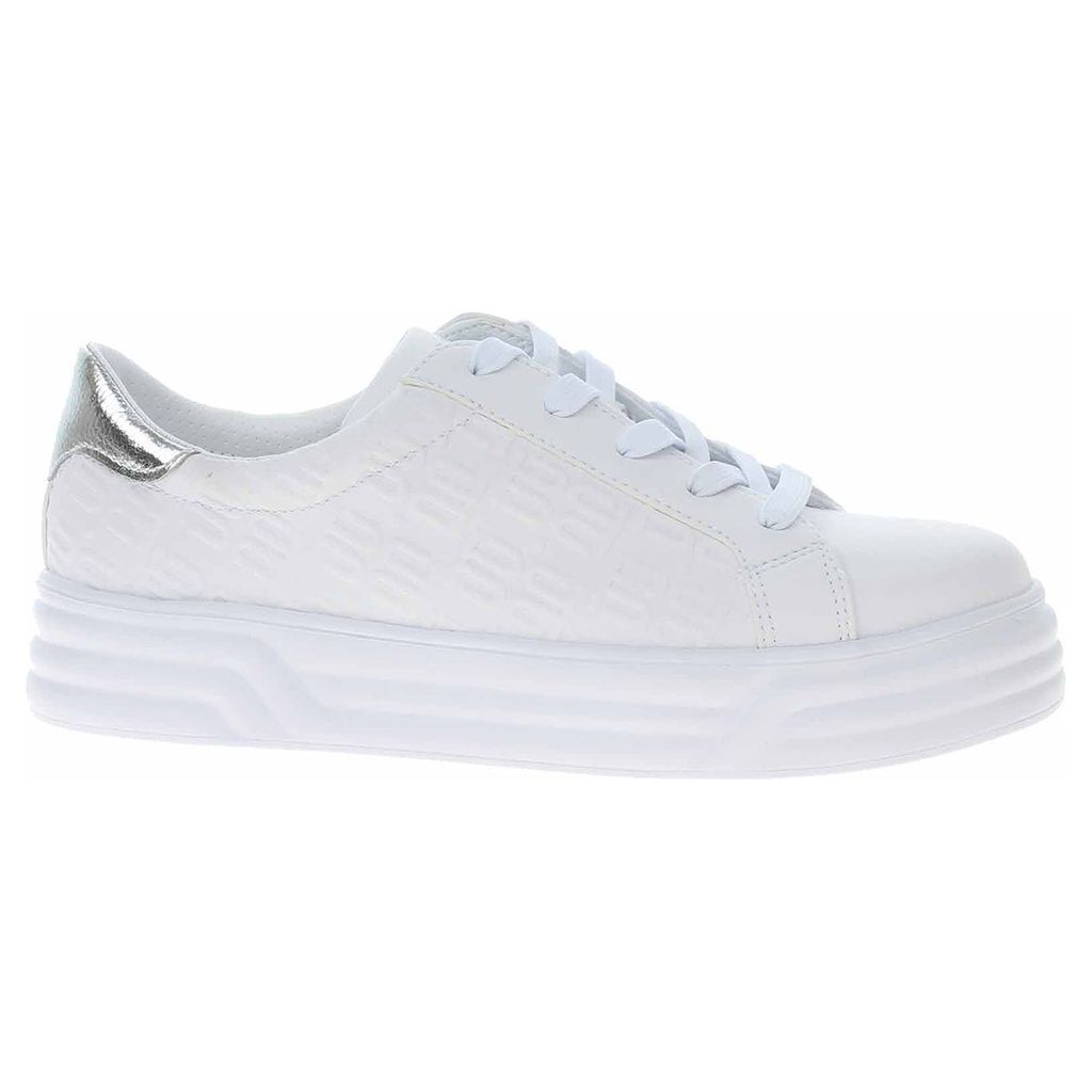 A white sneaker with a silver accent on the heel, shown from the side against a white background.