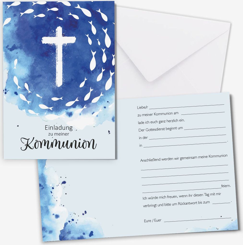 younikat 15 Stück Einladungskarten Kommunion I DIN A6 (10,5 x 14,8 cm) I zum Ausfüllen mit Lückentext I inkl. Umschlägen I Klappkarte Aquarell ...