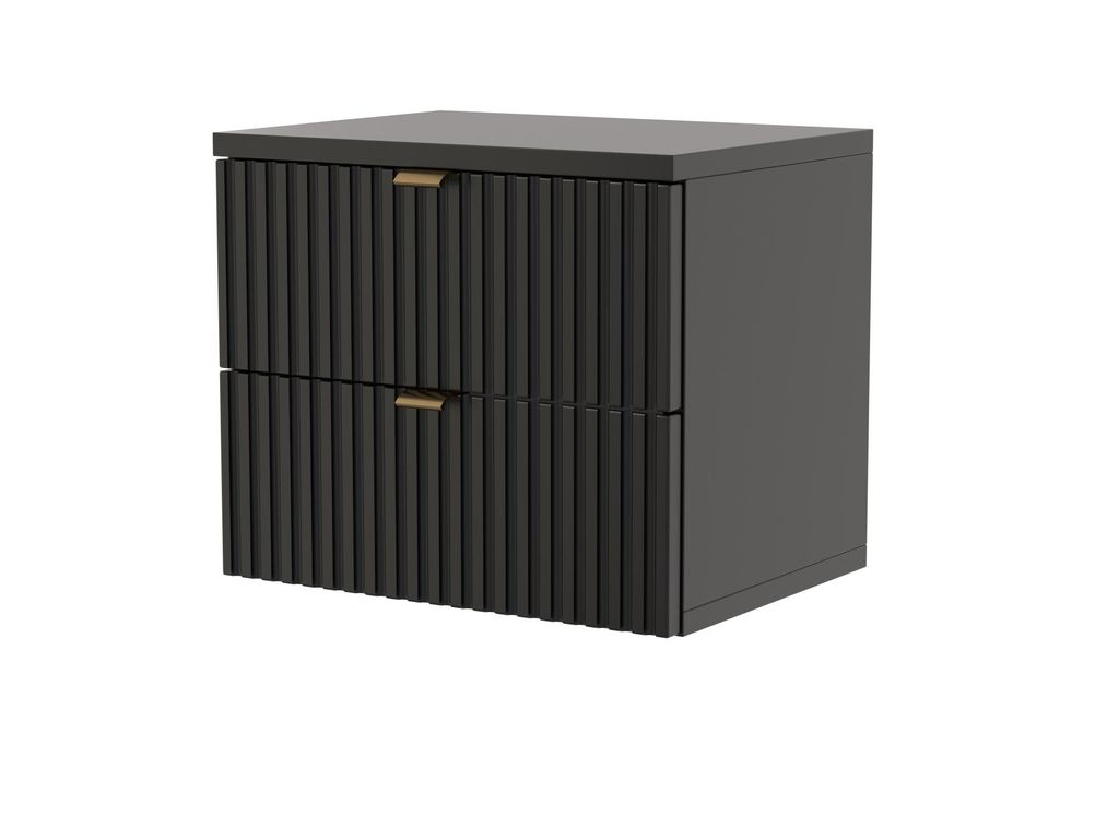 Nachtschrank, Wandschublade, Wandboard mit 2 Schubladen, schwarz, gold Griffe, geriffelte Fronten – Wand-Nachttisch B. 40x H. 34 x T.30