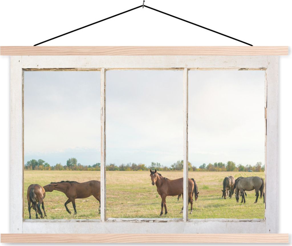 MuchoWow Textilposter Durchschauen - Pferde - Tiere 120x80 cm mit holzfarbenen Rahmen - Aufhängeset