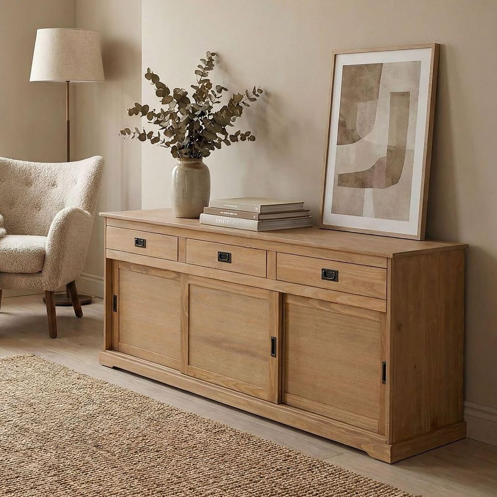 Sideboard SAVONA Kommode mit 3 Türen und 3 Schubladen, Massivholz, Eiche farben, Buffetschrank, Geschirrschrank, Massivholz