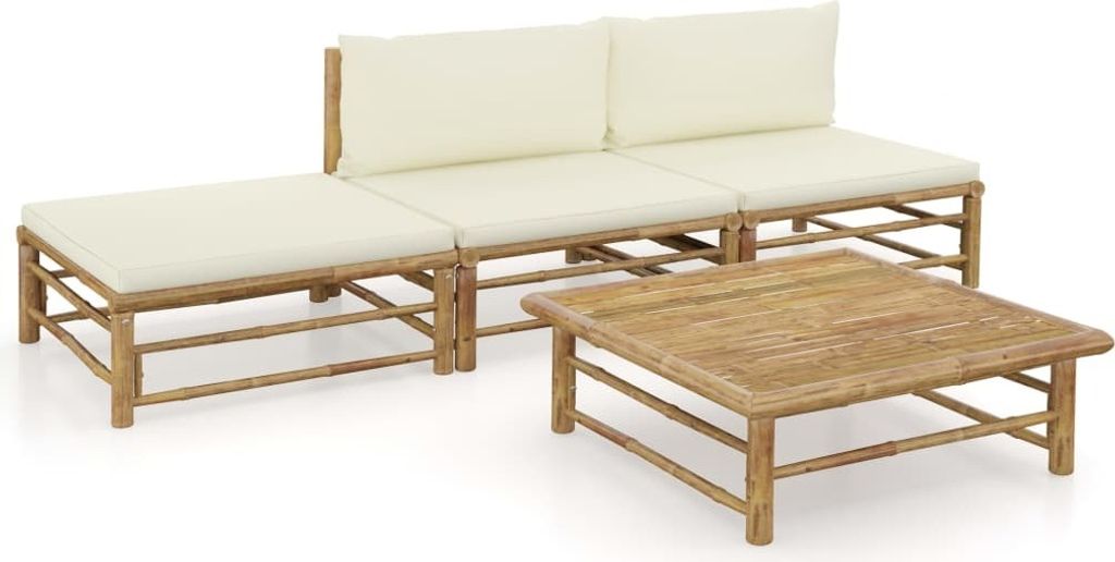 4-tlg. Garten-Lounge-Set mit Cremeweißen Kissen Bambus
