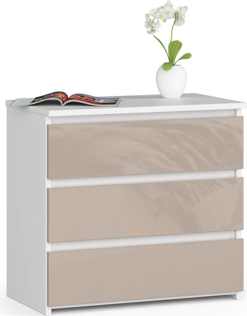 Nachttisch – Beistelltisch – Nachtschrank – 3 Schubladen – Weiß / Beige Hochglanz – 60 x 57 x 35 cm – Praktische Aufbewahrung für Sch...