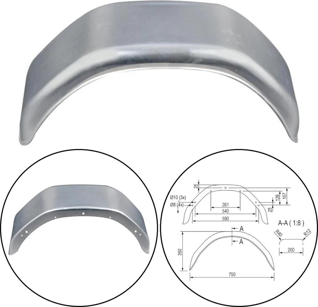 1 x Anhänger Kotflügel 750x200x350mm eckig Schutzblech für 14 Zoll Rad - verzinkt Stahlblech 1mm - Stoßfest - Modell 2075
