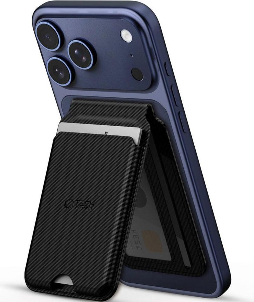 Magnetisches Kartenetui mit Ständer mit MagSafe, Tech-Protect MagWallet Stand, Schwarz Carbon