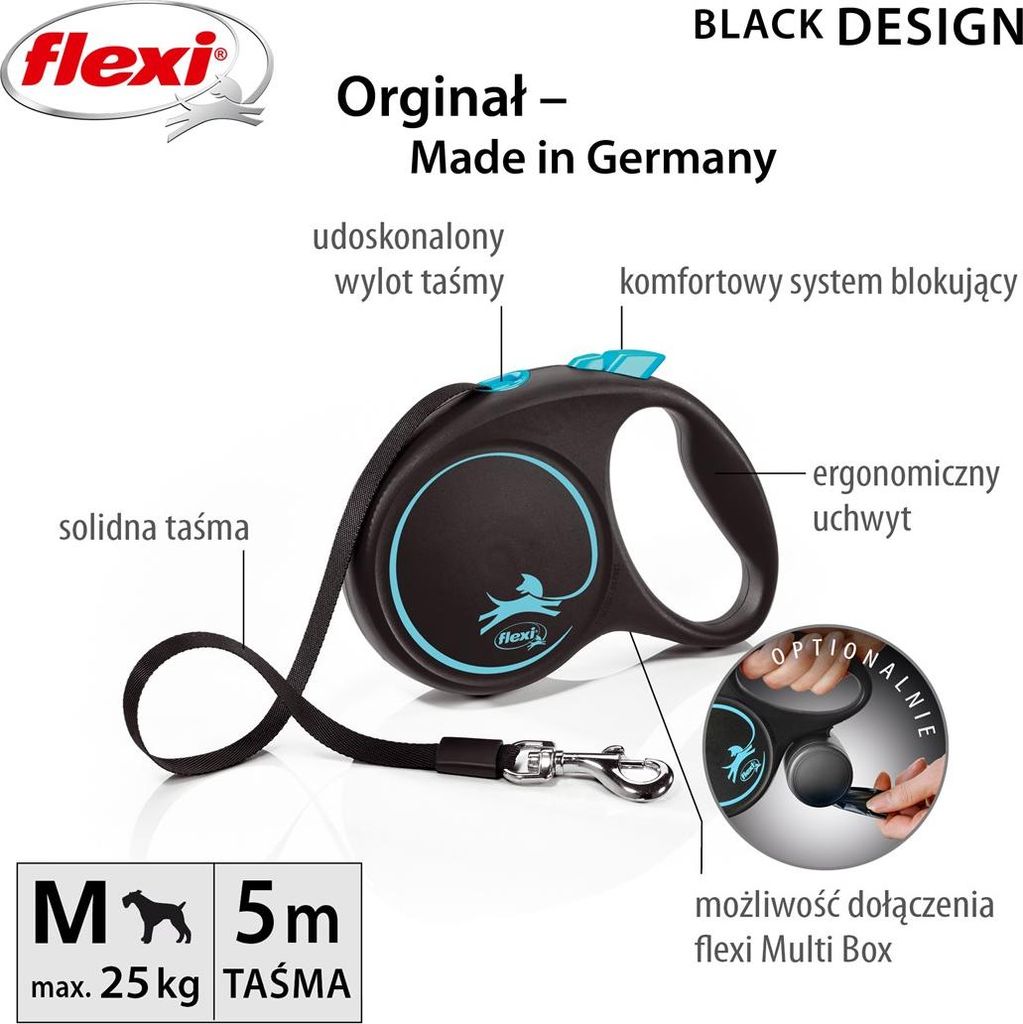 Flexi Automatik-Leine, schwarzes Design, Größe M, 5 m, blau Produktbild 
