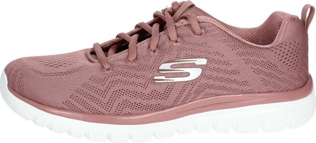A side view of a pink Skechers sneaker with a white sole.