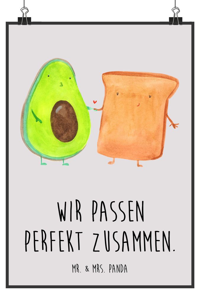 Mr. & Mrs. Panda Bild Avocado Toast DIN A2 - Grau Pastell - Geschenk, Liebe, wanddeko, Wandbild, Freundin, Plakat, drucke, Hochzeit, Posterdruck