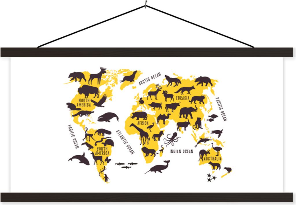MuchoWow Textilposter Weltkarte - Gelb - Tiere 120x60 cm mit schwarzem Rahmen - Dekoration Schlafzimmer