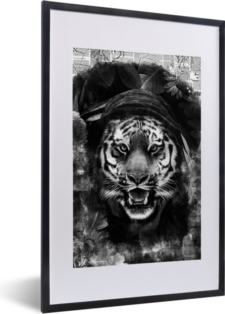 MuchoWow Gerahmtes Poster Tiger mit einer Kapuze auf einem Hintergrund von Zeitungen - schwarz und weiß 40x60 cm - Poster mit Schwarzem Bilderra...
