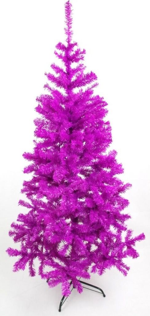 A full shot of a purple artificial Christmas tree on a white background.