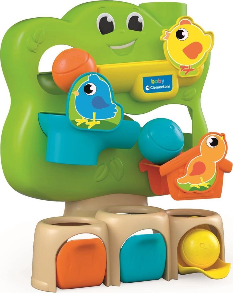 A colorful baby toy with balls and bird figures.