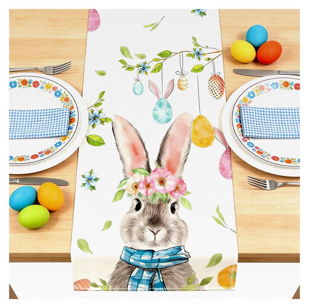 Tischläufer Ostern mit Hasen, Eiern, Blumen und Karotten 40 x 140 cm