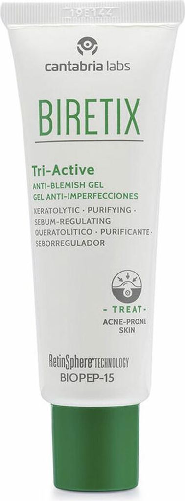 A white tube of BIRETIX Tri-Active Anti-Blemish Gel with a green cap against a white background.