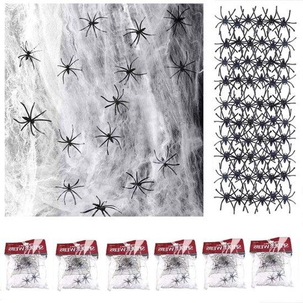 Halloween Dekoration Spinnennetz Set aus 6 Packungen - 120g Spinnennetze mit 60 Falschen Spinnen