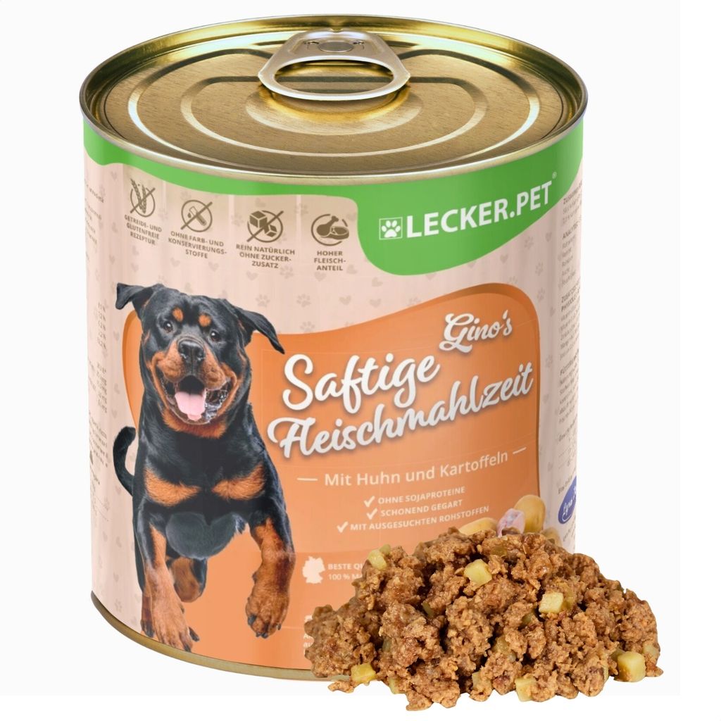 12 x 800 g Lecker.Pet Gino's Saftige Fleischmahlzeit mit Huhn & Kartoffeln Hundefutter Nassfutter