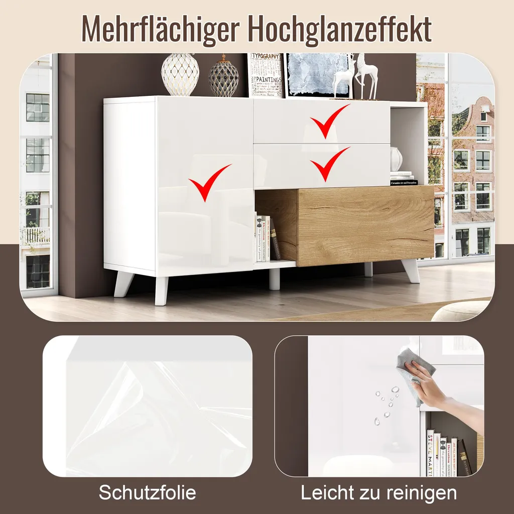 Buffet de Rangement Gain de Place Blanc et Bois - Commode Moderne Merax 130