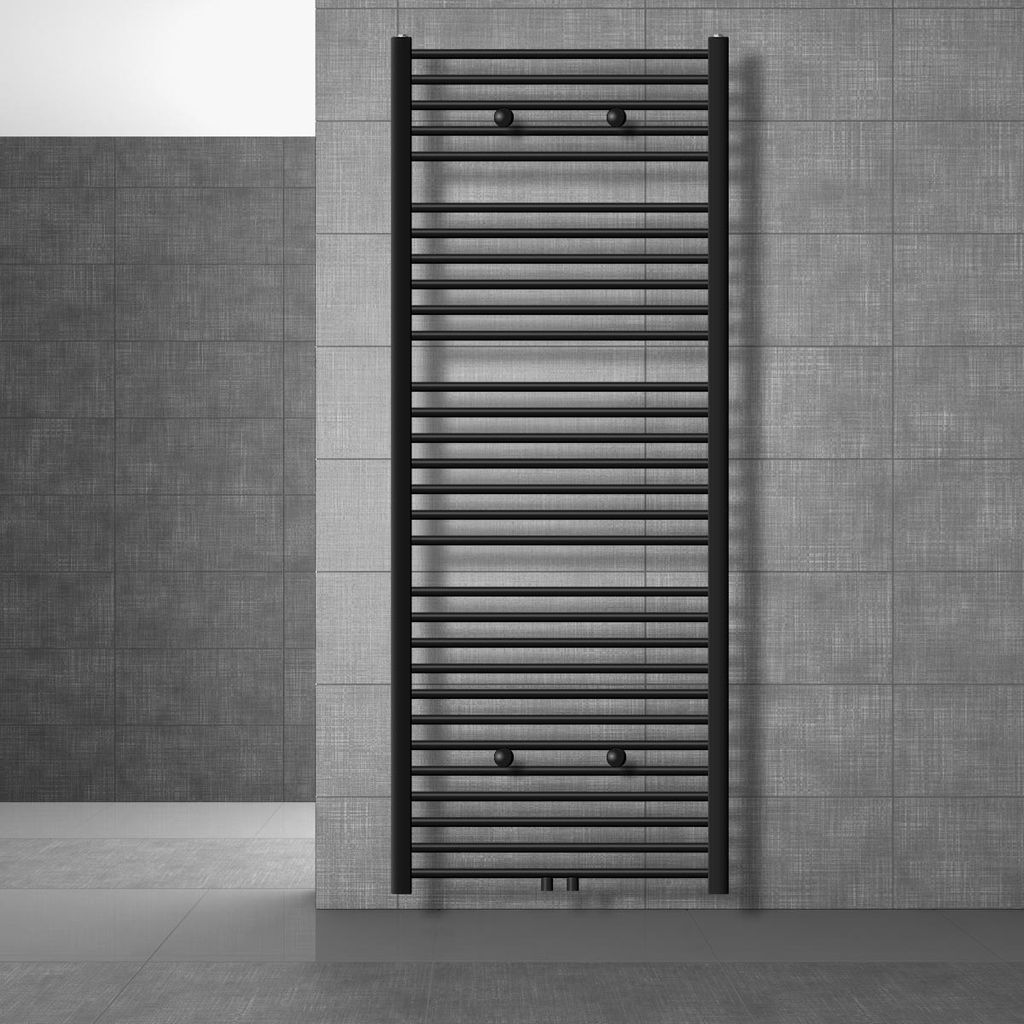 LuxeBath Badheizkörper Sahara 750x1800 mm Schwarz matt gerade Mittelanschluss inkl Anschlussgarnitur mit Thermostat Universal, ohne Heizstab