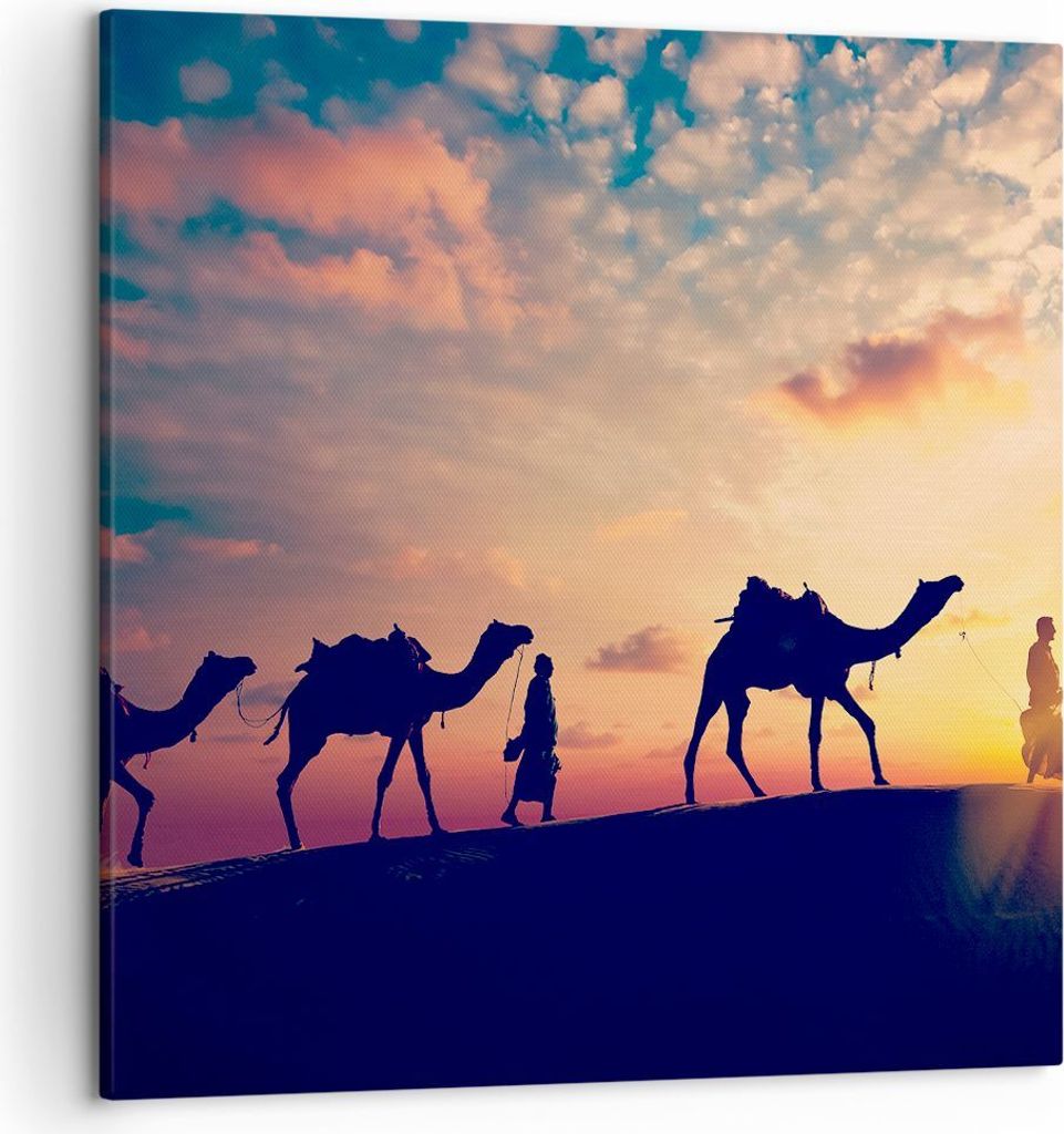 Bild auf Leinwand - Leinwandbild - Kamel Wohnwagen - 50x50cm - Wand Bild - Wanddeko - Wandbilder - Leinwanddruck - Bilder - Kunstdruck - Wanddekora...