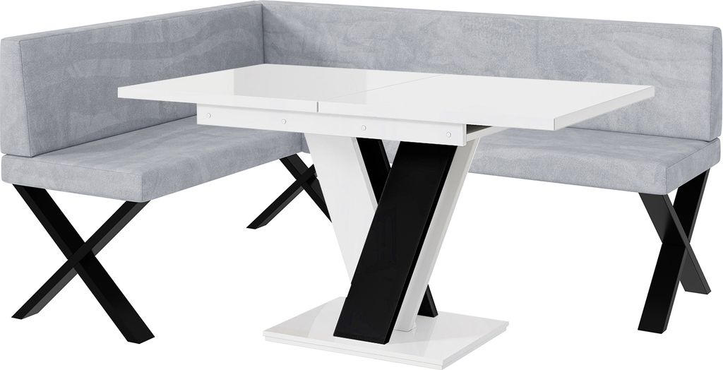 MEBLINI Eckbank für Esszimmer mit ausziehbarem Tisch - Küchenbank - Essecke - Sitzecke Küche - TONI - X-Beine 128x168x87cm Links - Hellgrau Samt...