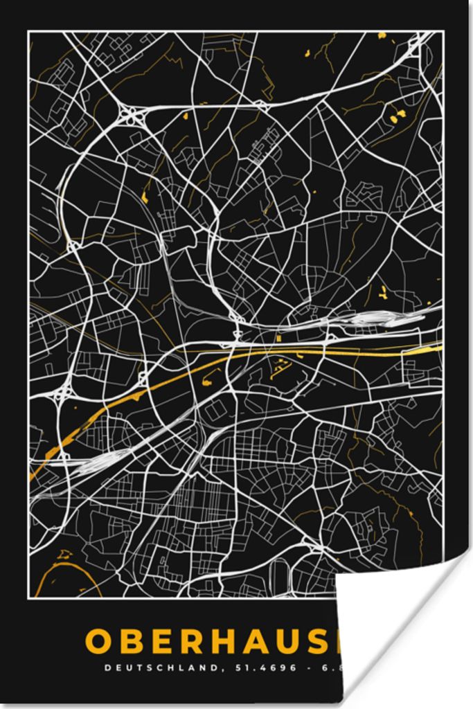 MuchoWow Poster Schwarz und Gold - Stadtplan - Oberhausen - Deutschland - Karte 80x120 cm - Papierdruck
