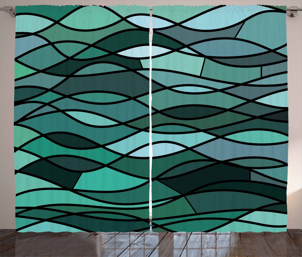 ABAKUHAUS Teal Rustikaler Vorhang, Mosaic Sea Waves inspiriert, Wohnzimmer Universalband Gardinen mit Schlaufen und Haken, 280 x 245 cm, Dark Green...