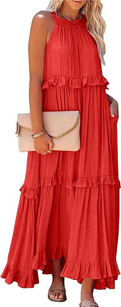 ASKSA Damen Langes Kleid Sommer Big Swing Strandkleid y Kleid Women Cover up Bikini Maxi Beachwear Kleider, Rot, Groesse: XXL