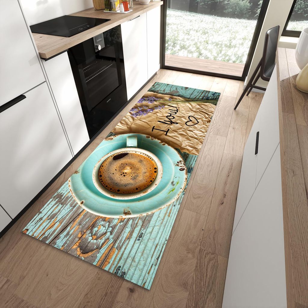 Küchenteppich 90x240cm rutschfest & abwischbar PVC Läufer - Tasse und Lavendel