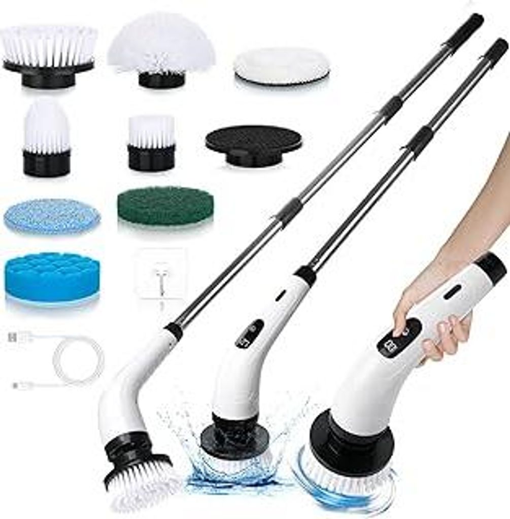 Tuocal Elektrische Reinigungsbürste, 8 in 1 Electric Cleaning Brush mit Verlängerungsgriff Elektrische Putzbürste für Verstellbarem Griff, Wisc...