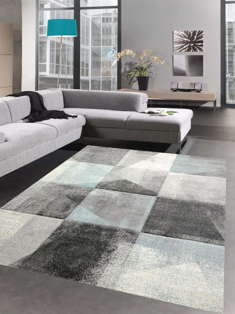 Abstrakter Teppich Flur Wohnzimmer modernes Karomuster in blau creme grau - pflegeleicht Größe - 120x170 cm