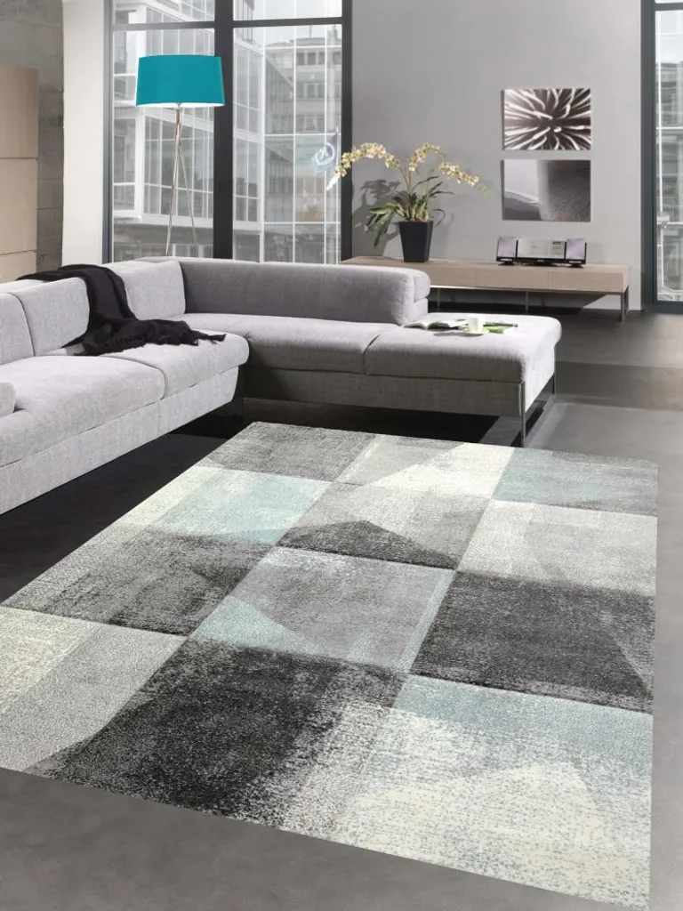 Tapis salon moderne facile d'entretien bleu crème gris 80x150 cm