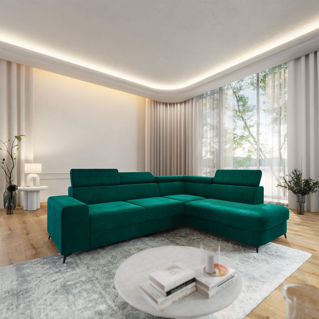 Masseno Ecksofa ALVORO R-S mit Schlaffunktion L-Form, Sofa mit Bettkasten, Wohnzimmersofa, Couch, Soffa, Bettsofa, Couchgarnitur- Grün, MONOLITH 37