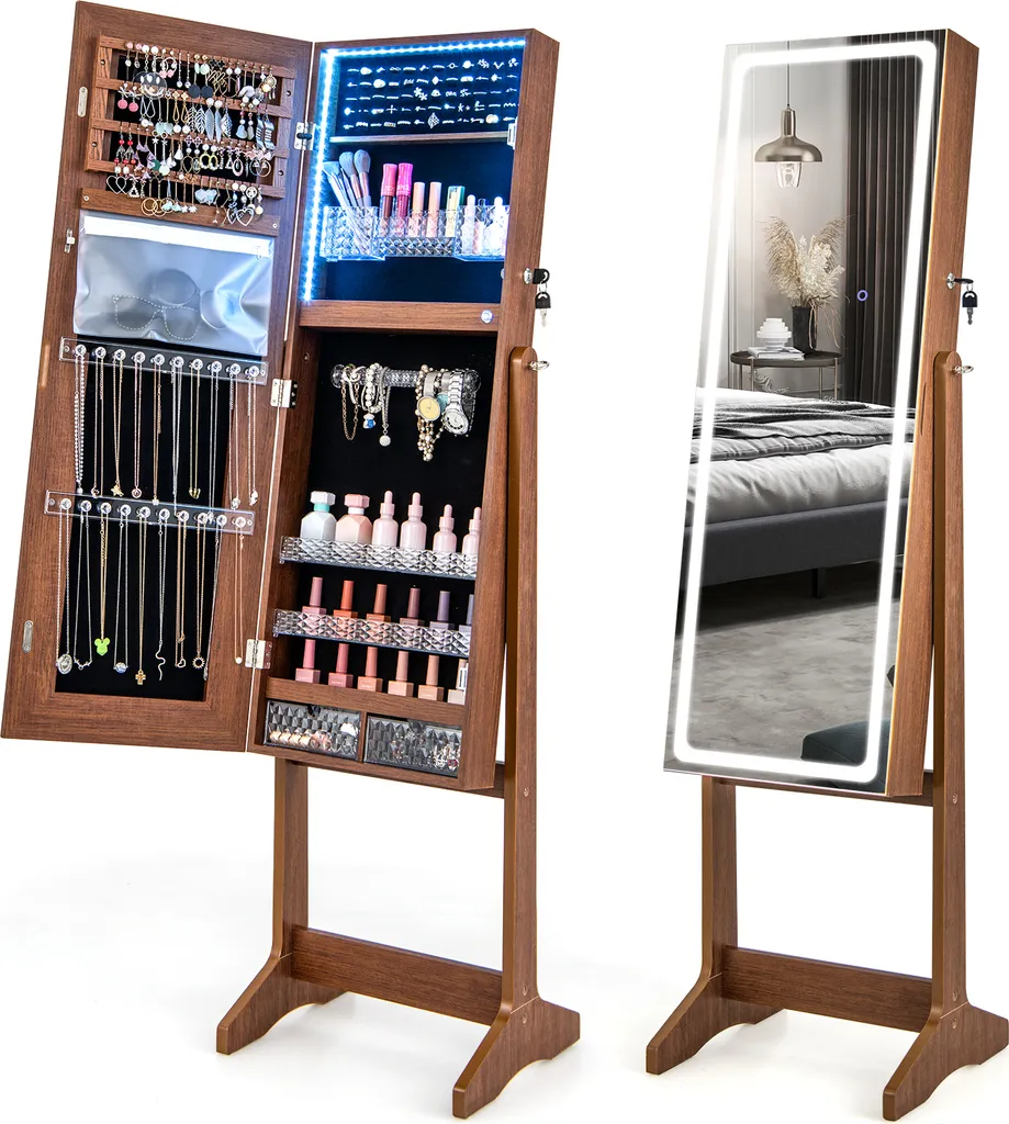 COSTWAY Mobiletto portagioie indipendente con illuminazione a LED, mobiletto portagioie con specchio illuminato a figura intera, porta rossetti e cassetti in noce