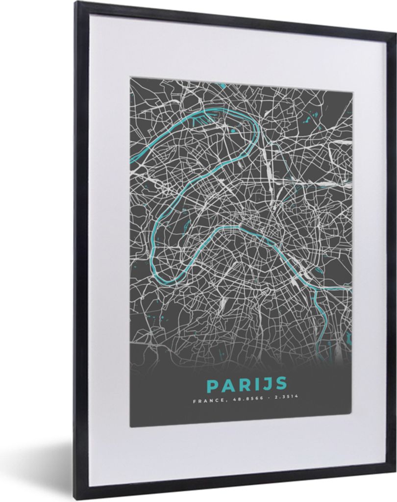 MuchoWow Gerahmtes Poster Paris - Blau - Karte - Stadtplan 30x40 cm - Poster mit Schwarzem Bilderrahmen Wandposter Rahmen Foto Bilder - Wandposte...