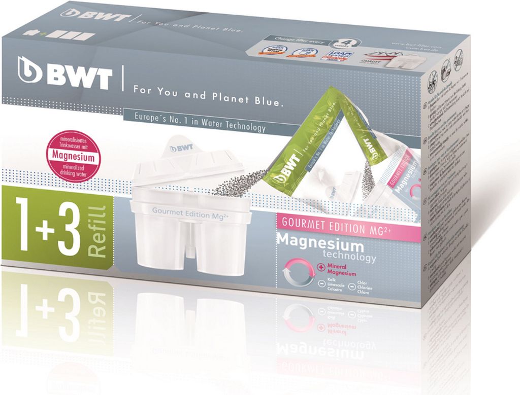 A product box for BWT water filter cartridges, showing the packaging and some of the contents.