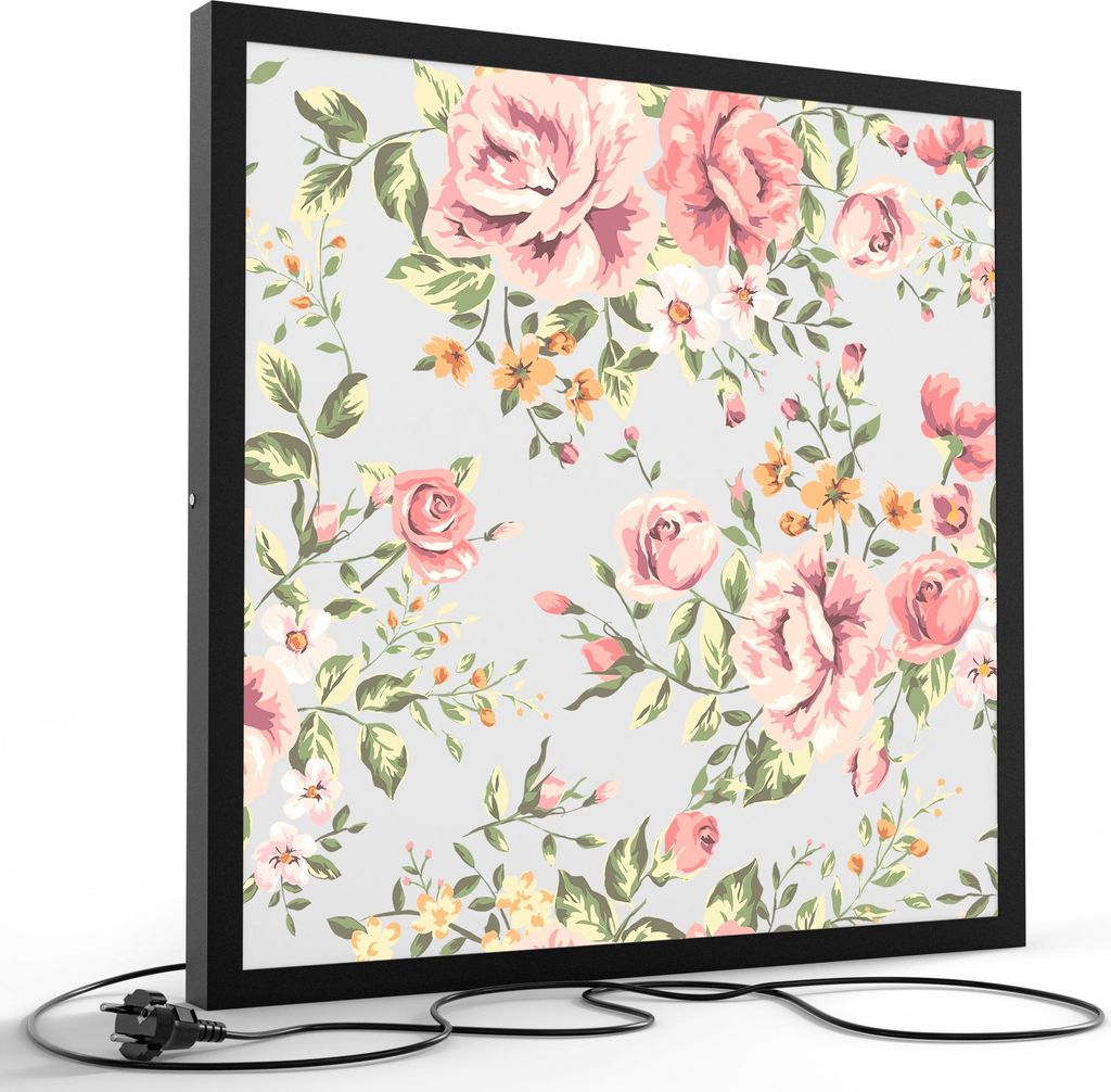 DEQORI LED-Bild & Lampe 60x60 cm Schwarz 'Tapete mit Blumenmuster' Leuchtbild LED Leuchte