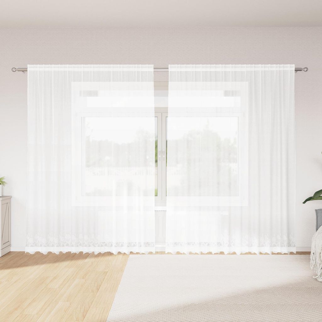 Möbel Spitzenvorhang mit Vorhängen Floral Weiß 300 x 245 cm Polyester - Gardinen & Vorhänge 4107783