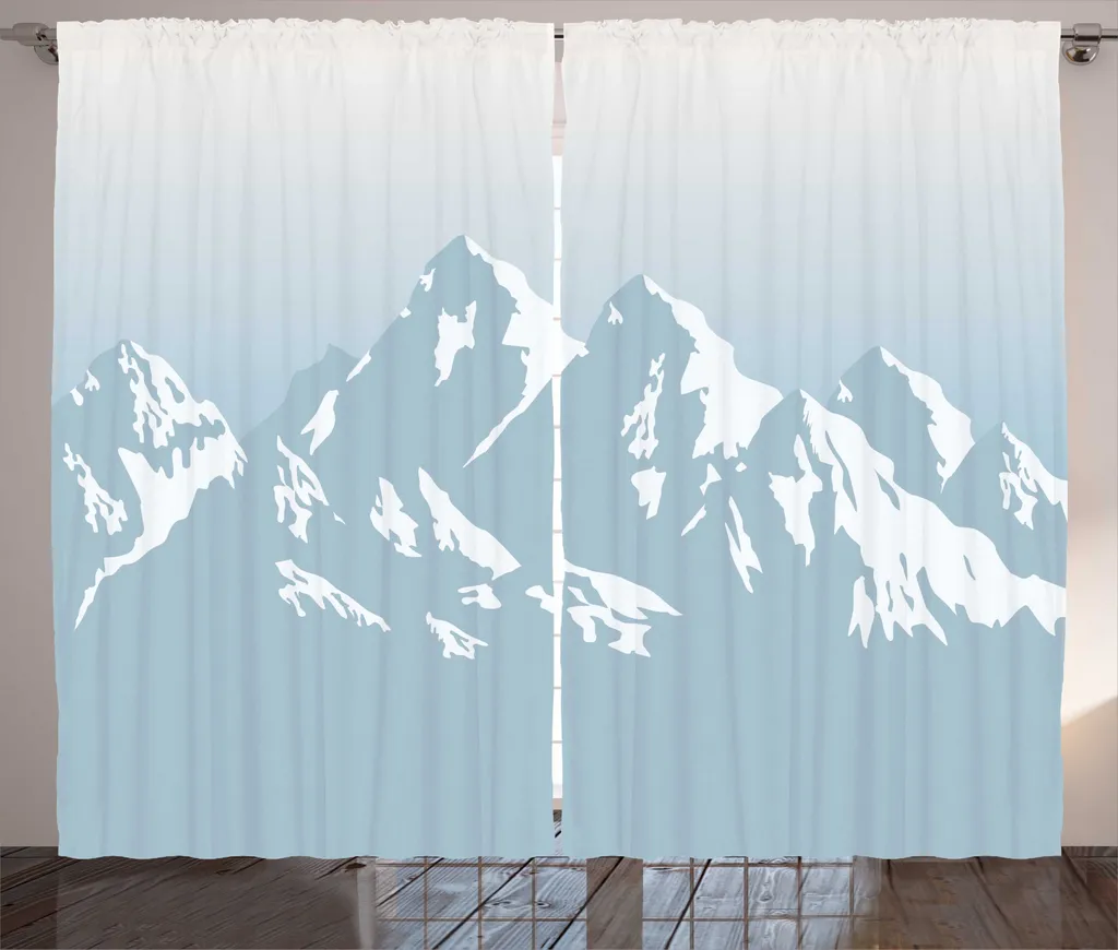 Grand Rideau Rustique Motif Montagne 280x225 cm Bleu Pâle et Crochets