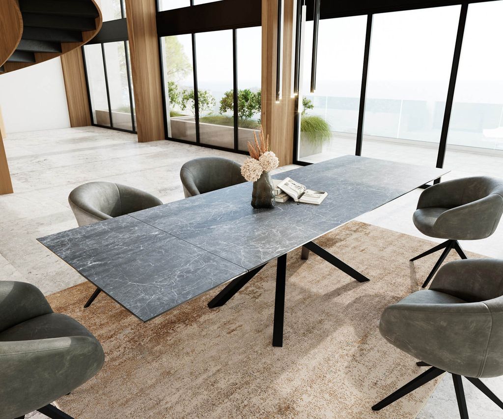 DELIFE Esstisch Edge 200-300x100 Keramik Laminam Nero Greco Anthrazit Kreuzgestell Rechteck Schwarz ausziehbar