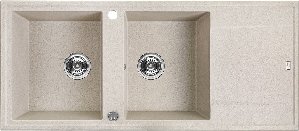 A top-down view of a beige granite kitchen sink with two basins and a draining board.