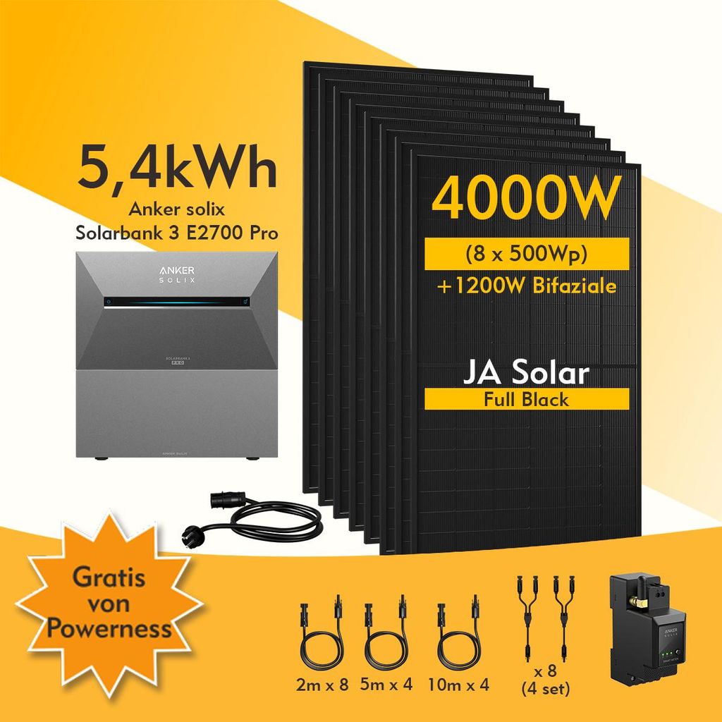 Powerness Balkonkraftwerk mit Speicher, Anker SOLIX Solarbank 3 E2700 Pro und BP2700 Erweiterungsakku & Smart Meter, JA Solar 4000W Bifacial Modulen